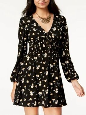 American Rag Black Floral V-Neck Long Sleeve Smocked Waist Dress